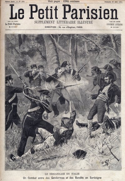 Brigandage i Italien: en kamp mellem gendarmer og banditter på Sardinien. (Briganti Sardi, Sardegna) Indgravering i "" Le Parisien "" af Unknown artist