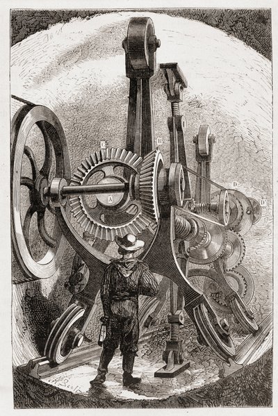 Brunton-maskine til tunnelgravning i bløde klipper - i "" The new conquests of science: electricite"" af Louis Figuier, sd af Unknown artist