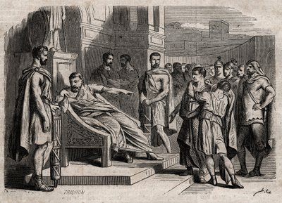 Brutus dømmer sin søn til døden - Brutus (Marcus Junius Brutus, 85-42 f.Kr.) dømmer sine sønner til døden - indgravering i "" Dictionnaire populaire illustrious" - 1864 - af Joseph Decembre og Edmond Allonier - af Unknown artist