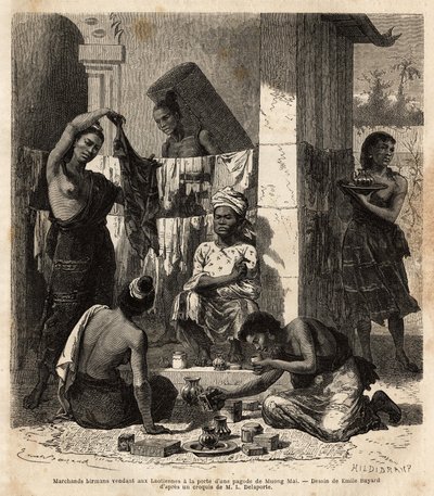 Burmesiske købmænd, der sælger stoffer og parfume til laotiske kvinder ved døren til en pagode i Muong Mai. Gravering til illustration af udforskningsrejsen i Indokina af Francis Garnier, løjtnant de Vaissseau, i 1866-1868, udgivet i "" Le tour du mond af Unknown artist