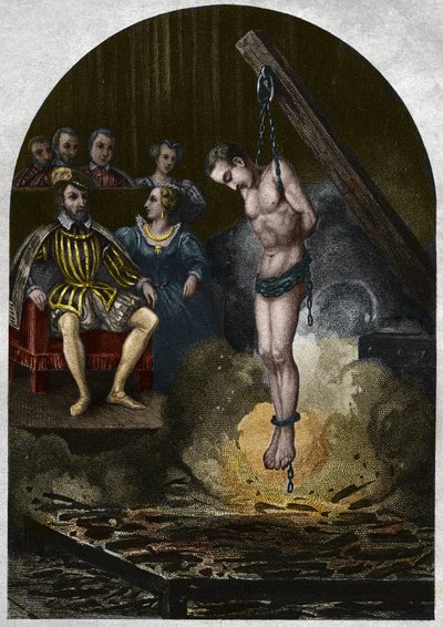Brændkammer (retten) Under kong Henrik II (1519-1559) i nærværelse af Catherine de Medicis (Caterina de Medici). Indgravering fra 1842 i "Histoire des popes"" af Maurice Lachatre. Privat samling. af Unknown artist