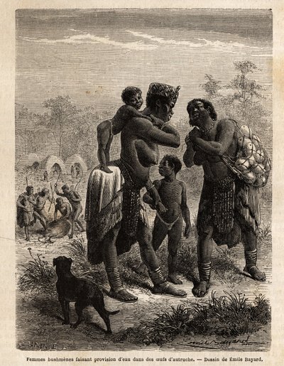 Bushmenes strømper vand i strudseæg, ledsaget af deres børn; i baggrunden, set fra landsbyen og mænd, der slagter en antilope. Indgravering til illustration af Dr. Livingstones første rejser til det sydlige Afrika fra 1840 til 1856, i "Le tour du af Unknown artist