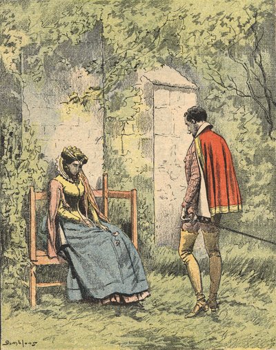 Bussy og Diane, kendt som Madame de Monsoreau, i Kirkens have klar. Illustration af romanen "La Dame de Monsoreau" af Alexandre Dumas i "Journal des novels populaires illustrés" af Unknown artist