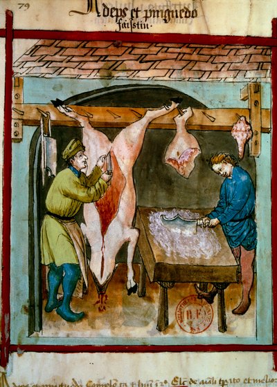Slagteri: equarrising af en gris. Belysning fra malkning af medicin og diætetik "" Tacuinum sanitatis"" af Unknown artist