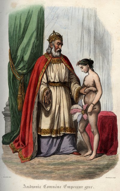 Den byzantinske kejser Andronikos I Komnenos (eller Andronicus I Comnenus (ca. 1118-1185) (Andronic I Comnene) og hans hustru Agnes af Frankrig (1171-1240), der er tvunget til at optræde nøgen for sit orgie. Stik fra 1842 i "Histoire des" paver"" af Mauric af Unknown artist