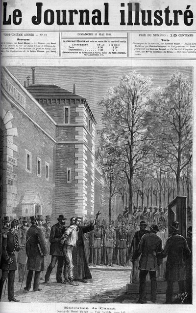 CAMPI, ASSASSINDEN AF RUE DU REGARD - "" Henrettelse af lejemorderen Michel Campi, på place de la Roquette, 30. april 1884 - GUILLOTINE - indgravering i "" Le journal illustrious"" af 1884 af Unknown artist