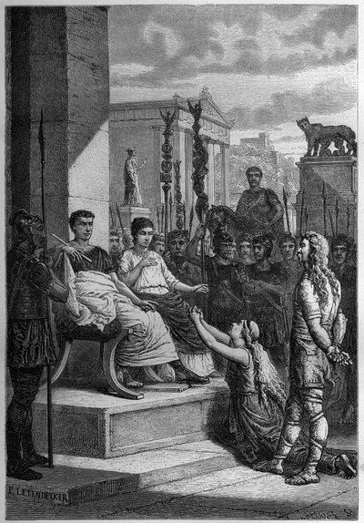 CHAMACUS FANGEN - Caratacus (Caratacos, Caratacus) i fangenskab med sin familie taler til den romerske kejser Claudius (Claude I) (10 f.Kr.-54 e.Kr.) - Indgravering i "L