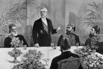 Kairo: Stanley (Sir Henry Morton) (1841 - 1904) holder en tale ved sin banket. Indgravering af det 19. århundrede. af Unknown artist