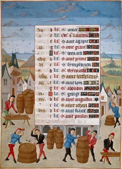 Kalender: August - Fremstilling af vintønder - Miniature af Mester Jean de Rolin (1400-tallet) fra "The Hours of Adelaide of Savoy, Duchess of Burgundy" 1460-1465 Chantilly, Musee Conde af Unknown artist