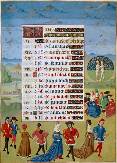 Kalender: maj måned, danse og spil - Miniature af mesteren af Jean Rolin fra manuskriptet "The Hours of Adelaide of Savoy, Duchess of Burgundy" 1460-1465 Chantilly, Musee Conde af Unknown artist