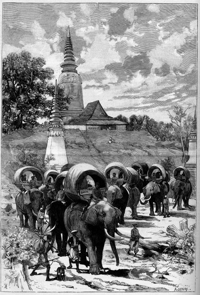 Cambodja: jagtkaravane fra det franske protektorat foran bjerget Lady Penh (Phnom Penh, Phnom Penh) I "" The Illustrious World"" nr. 1312 af 20. maj af Unknown artist