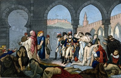 Kampagne (Ekspedition) af Egypten (1798-1801): General Bonaparte besøger pestiferes hospitalet i Jaffa. Gravering 1800-tallet. af Unknown artist
