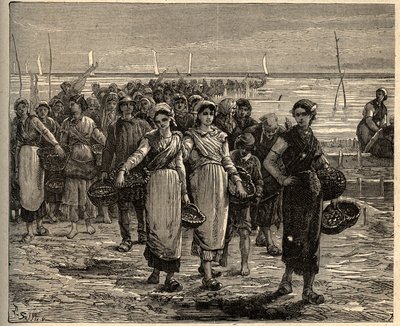 Cancale - Bretagne - Cancalaiserne vender tilbage fra fiskerbådene - - indgravering i "" PATRIE" - PECTUREQUIREQUE BESKRIVELSE AF FRANKRIG I 6 BIND AF LUCIEN HUARD - slutningen af ​​1800-tallet af Unknown artist