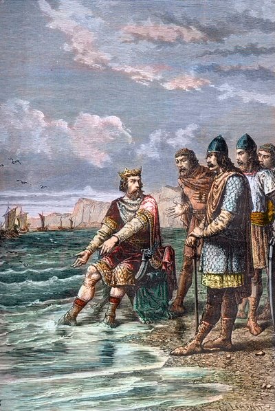 Knud den Store, overbeviser sine mæglere om, at han ikke har magt til at dæmme op for tidevandet - Kong Knud II den Store (Knud I den Store) (ca. 995-1035), konge af England fra 1016, af Danmark fra 1018 og af Norge fra 1030 - Han viser sine hofmænd, at ku af Unknown artist