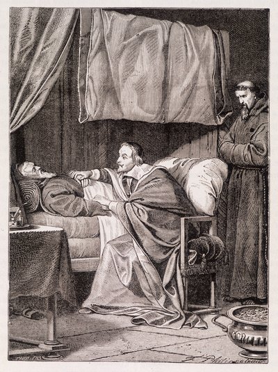 Kardinal Richelieu på fader Josephs dødsleje - gravering af Unknown artist