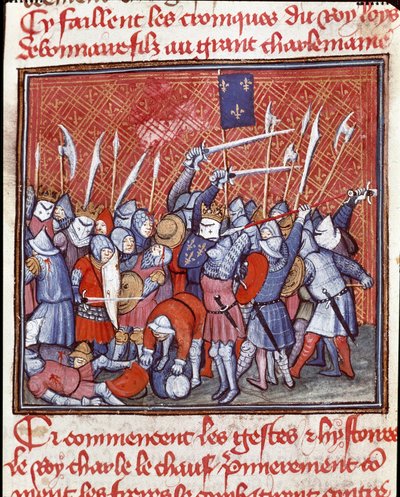 Karolingisk dynasti: "" Den karolingiske kong Charles II siger den skaldede (823-877) under et slag""" Miniature taget fra "" Les grandes Chronicles de France""" Chantilly fra det 14. århundrede, Musee Conde af Unknown artist