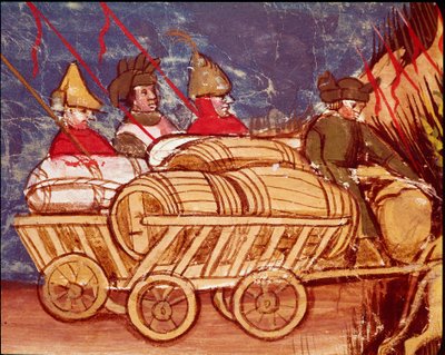 Transport af tønder og mad på vogne. Miniature fra codex "The Entrée d