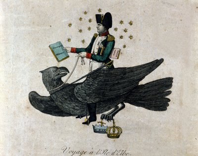 Tegnefilm om Napoleon om hans eksil på øen Elba. Napoleon på en ørn holder i sin højre hånd en bog med titlen Militær Værnepligt. Indgravering af perioden. af Unknown artist