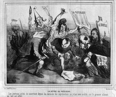 Tegnefilm om valgkampen til det første præsidentvalg den 10. december 1848 med slaget ved aviserne. af Unknown artist