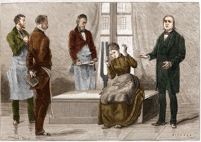 Katalepsi produceret under påvirkning af lyd (Diapason). Fransk neurolog Jean Martin Charcot (1825-1893) (til højre) demonstrerer hypnose på en patient på Salpetriere hospital. Illustration taget fra "" Nature"" 1879 af Unknown artist