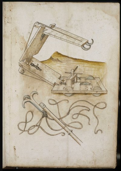 Katapult- og krogsystem - Manuskript: pergamentark af en ingeniørmanual til opførelse af civile, religiøse og militære bygninger, anonymt, slutningen af det 15. århundrede (figur med kinesisk blæk) af Unknown artist