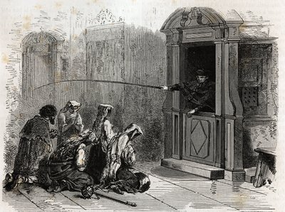 Katolske udøvere i bøn, der modtager almindelig bod, piske administreret af en præst fra standen. Gravering for at illustrere historien om den hellige uge i Rom, i 1863, af Ludovic Celler, i "Le tour du monde, nouveau journal des voyages"" publis. af Unknown artist