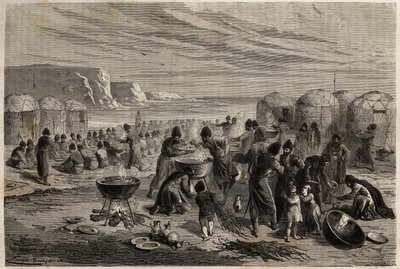 Cauda-yoli (cauda yoli), den årlige turcomanske religiøse fest, for at bede om Guds beskyttelse for familien og betailen, arrangeret af en familie, som til lejligheden kan ofre omkring femten får, og som hele samfundet er inviteret til. Engravin af Unknown artist