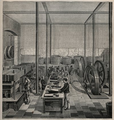 Celluloid: fremstilling af celluloid. Indgravering fra 1885 i "" Les arts et metiers illustres"" af Adolphe BITARD. af Unknown artist