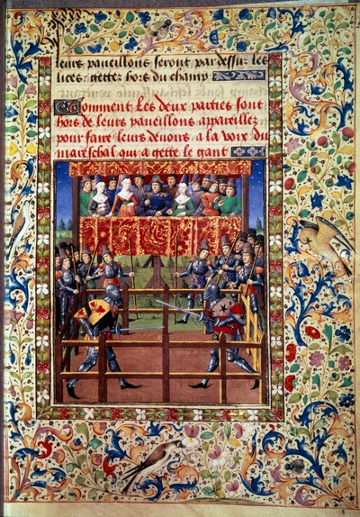 Ceremonier og ordinancer som løfte om kamp: duel i lukket felt mellem to riddere Miniature fra et manuskript af Jean de Rolin (1400-tallet) 1460 Paris, B.N. af Unknown artist