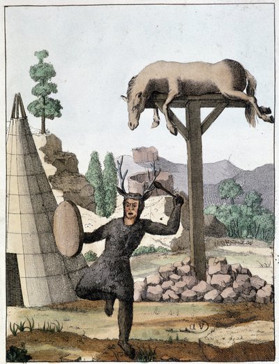 Chaman-tungedans foran en begravelse (Sibirien) - gravering, deb. 19. århundrede af Unknown artist