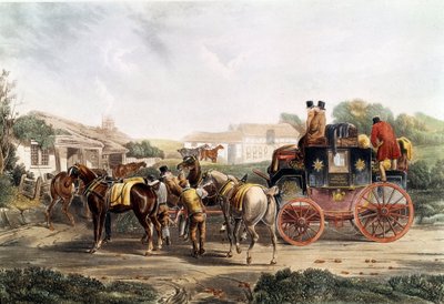 Skift af træk på kroen under en rejse med bus. Engelsk gravering. 1800-tallets privatsamling af Unknown artist