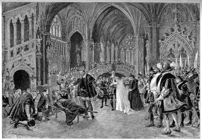Karakterer af Karloo, Jonah, Rysoor, Blackcarmes, Duke of Alba, Rafaela og efterfølgeren til Duke of Alba i akt IV "The Death of the Ringer". Scene for Operaen "" Homeland! "" af Sardou og Louis Gallet (1835-1898). Musik af Emile Paladilhe (1844-1926) af Unknown artist
