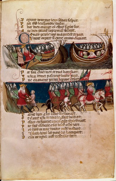 Karl den Store sejler op på et skib og guider nedenunder sine arme under hans erobringer (Miniature af Unknown artist