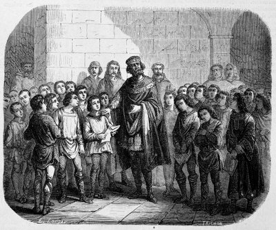 Karl den Store besøger en skole - i "" Historien om paver, konger, dronninger, kejsere, gennem århundrederne" af Maurice Lachatre af Unknown artist