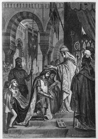 Karl I af Anjou (Karl I af Sicilien) (1226-1285) blev investeret i Kongeriget Sicilien den 28/06/1265 af pave Clemens IV (v. 1195-1268). af Unknown artist