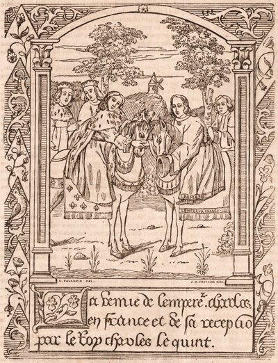 Karl den Femte modtager kejser Karl IV, hellig romersk kejser og konge af Bøhmen af Unknown