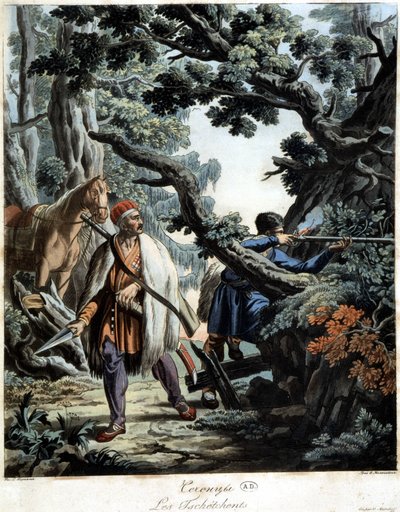 Tjetjenere overfaldet i en Kaukasus-skov, deb. 19. århundrede af Unknown artist