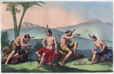 Chilenske indfødte indianere, der spiller Queciu og Porotos, Chile - indgravering fra "" Skikke og traditioner for alle folk i universet. Det er historien om regeringen, lovene, militsen, om alle nationers religion fra de fjerneste tider op til nos af Unknown artist