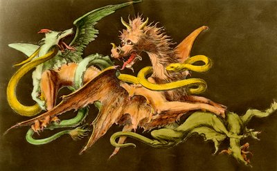Chimeres En drage, der kæmper mod to monstre. Stik fra 1800-tallet. af Unknown artist