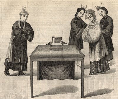 Kinesisk skik: underskrive en ægtepagt. En tablet med navnene på de to ægtefæller lægges på et bord med to duer. Indgravering i ""The Illustrated London News"" af 14. februar 1857. af Unknown artist