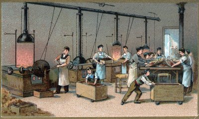 Chokoladefremstilling. Kakao Torrefaction Room. Kromolitografi i slutningen af det 19. århundrede af Unknown artist
