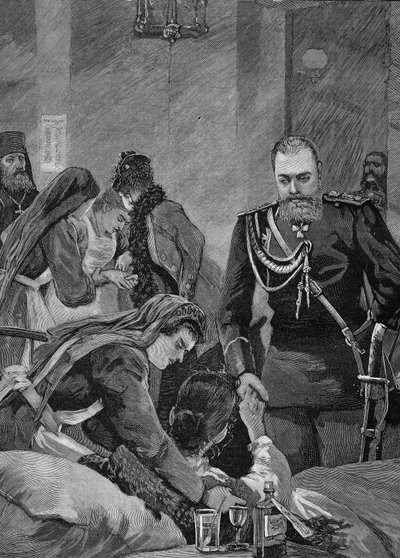 Kolera i Rusland i 1892: Alexander III, kejser af Rusland og hans kone Maria Feodorovna, Ruslands kejser besøger et hospital. Stik fra 1892. af Unknown artist