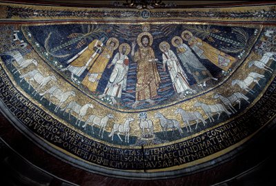 Kristus blandt Sankt Paul, Sankt Cecilia, Sankt Pascal, Sankt Peter, Sankt Valeriano og Sankt Agata (mosaik, 821) af Unknown artist