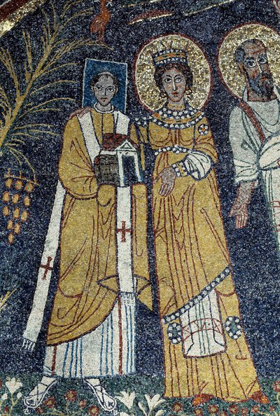 Kristus blandt den hellige Paulus, den hellige Cecilia, den hellige Pascal, den hellige Peter, den hellige Valeriano og den hellige Agata (Mosaik, 821) af Unknown artist