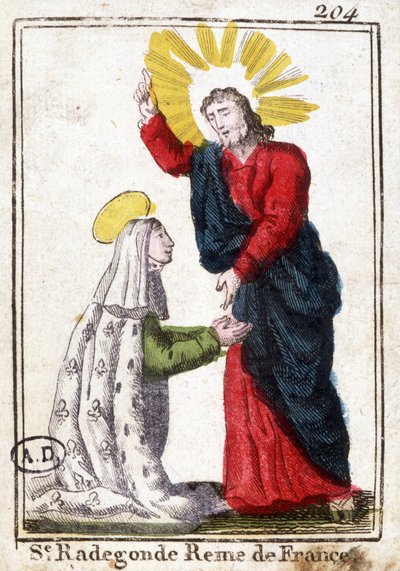 Kristus og Saint Radegonde (ca. 520 - 587), dronning af Frankrig, hustru til Clotaire (Clothaire) I. fromt billede. Stik fra begyndelsen af 1800-tallet. Bibliotheque des Arts décoratifs de Paris. af Unknown artist