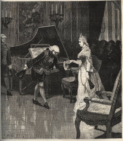 Christoph Willibald Gluck før dronningen Marie-Antoinette ved Trianon - Christoph Willibald Gluck (1714-1787), tysk komponist, der spiller foran Dronning Marie Antoinette en Trianon - indgravering i "" Popular Music""" illustreret ugeavis - 1882 af Unknown artist