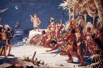 Christopher Columbus forudsiger måneformørkelsen for indianerne. 1800-tallets kromolitografi. af Unknown artist