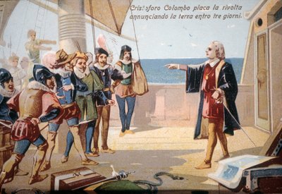 Christopher Columbus stoppede besætningsoprøret ved at annoncere landet på tre dage. kromolitografi fra 1800-tallet. af Unknown artist