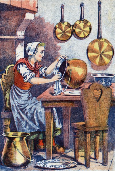 Askepot i sit køkken, "", Illustration til "" Askepot", fortælling af Charles Perrault (1628-1703), fransk forfatter. Anonym illustration. af Unknown artist
