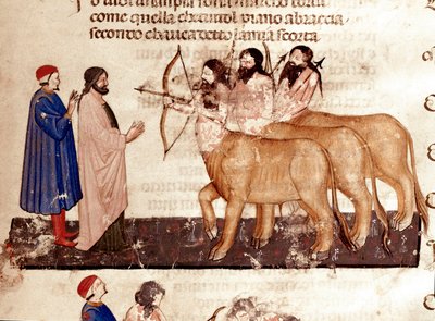 Circle of Violents: Dante og Virgil møder Kentaurernes våben med bue og pile. Oplyst side, der illustrerer helvedes 7. sang fra "Divina Commedia" af Dante Alighieri (1265-1321). 1300-tallet, Venedig, Biblioteca Marciana af Unknown artist